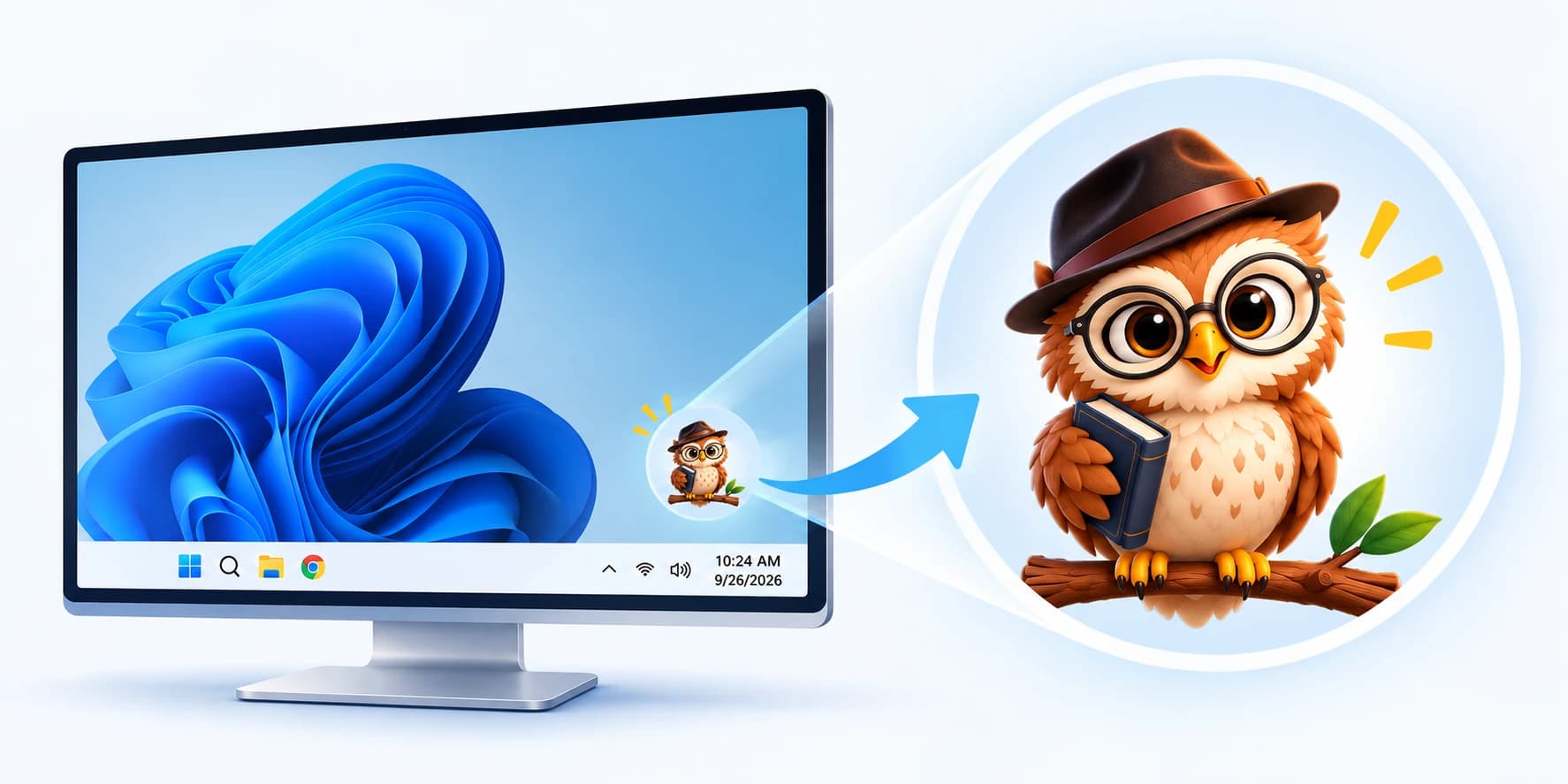A Windows desktop with the Hootask owl companion near the taskbar, shown zoomed in