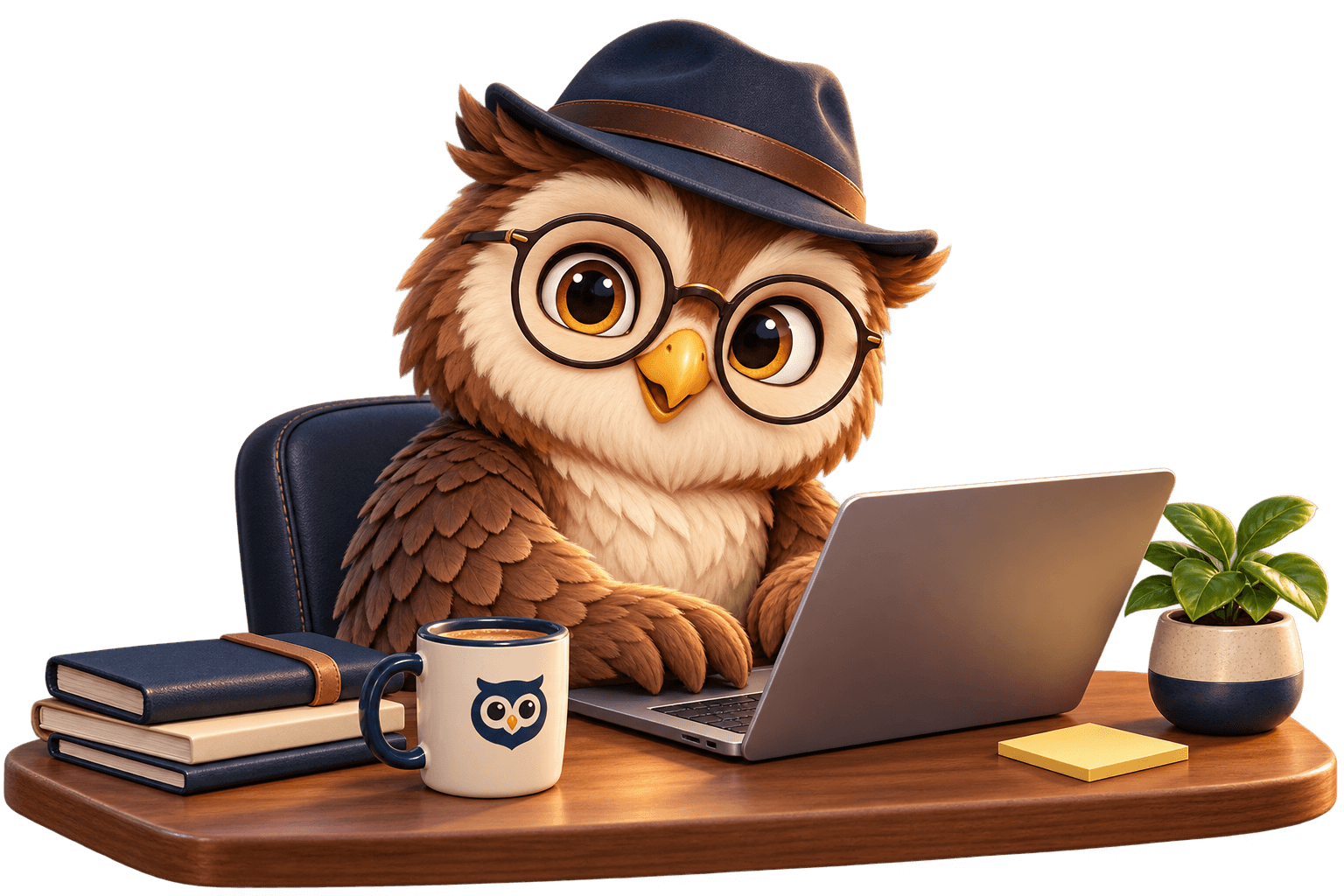 Hootask owl companion working at a laptop with its eyes open